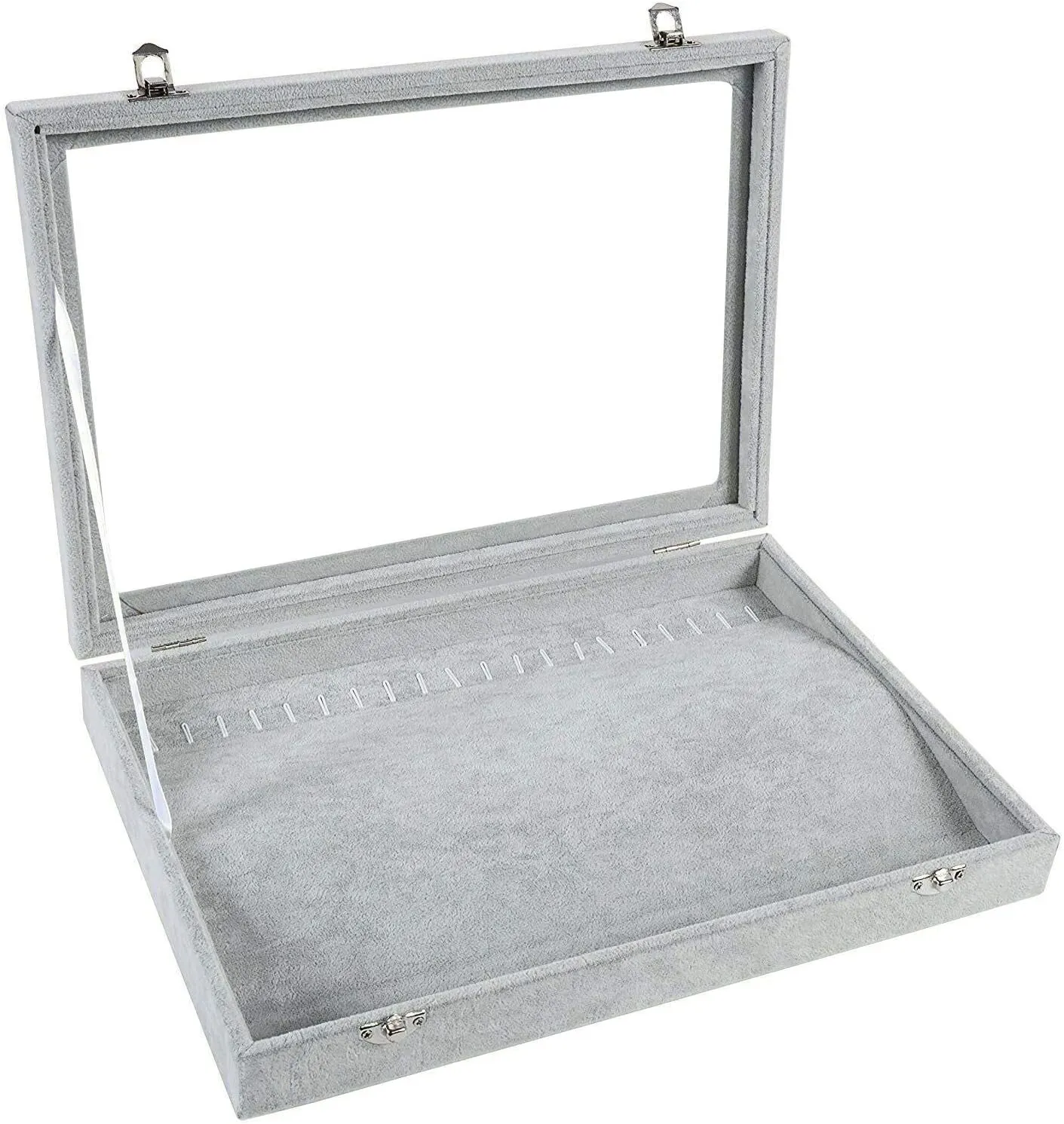 Jewelry Tray Organizer Box with Clear Lid Velvet Tray for Jewelry Storage Display Case 20 Hooks Insert Necklaces Pendants Dustproof Box Organizer (Grey)