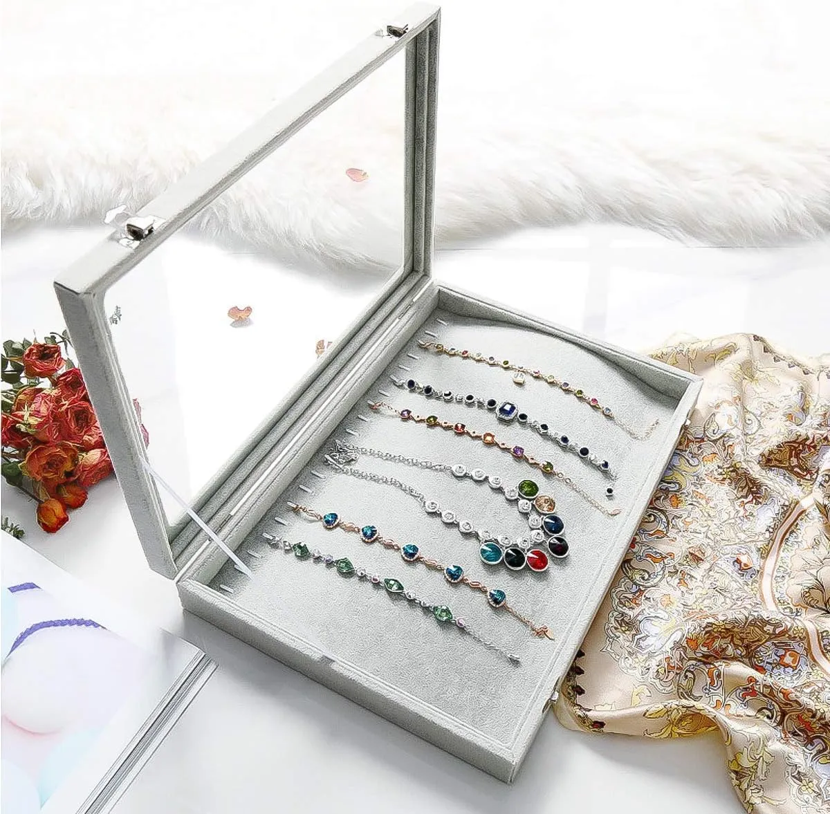 Jewelry Tray Organizer Box with Clear Lid Velvet Tray for Jewelry Storage Display Case 20 Hooks Insert Necklaces Pendants Dustproof Box Organizer (Grey)
