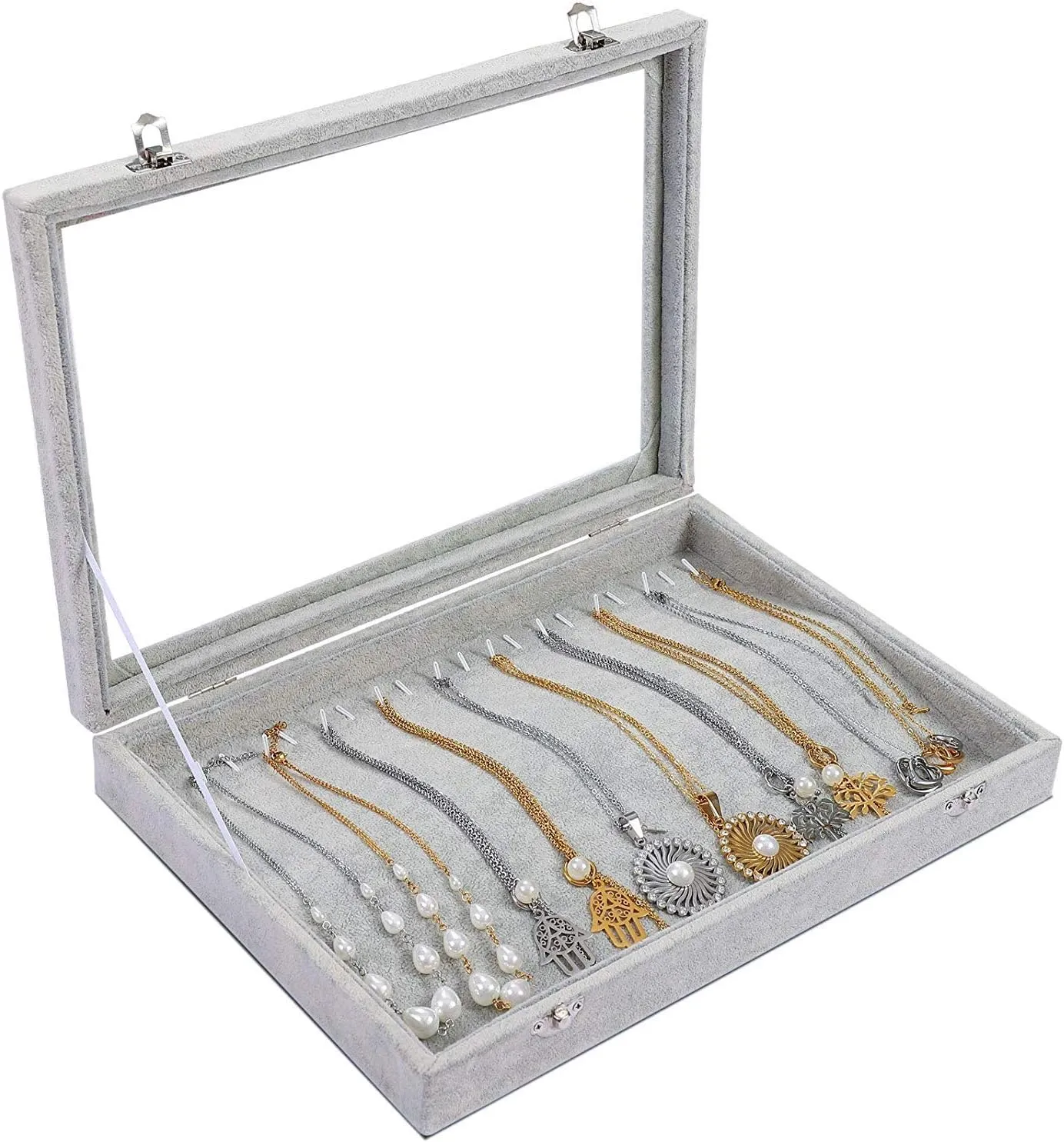 Jewelry Tray Organizer Box with Clear Lid Velvet Tray for Jewelry Storage Display Case 20 Hooks Insert Necklaces Pendants Dustproof Box Organizer (Grey)