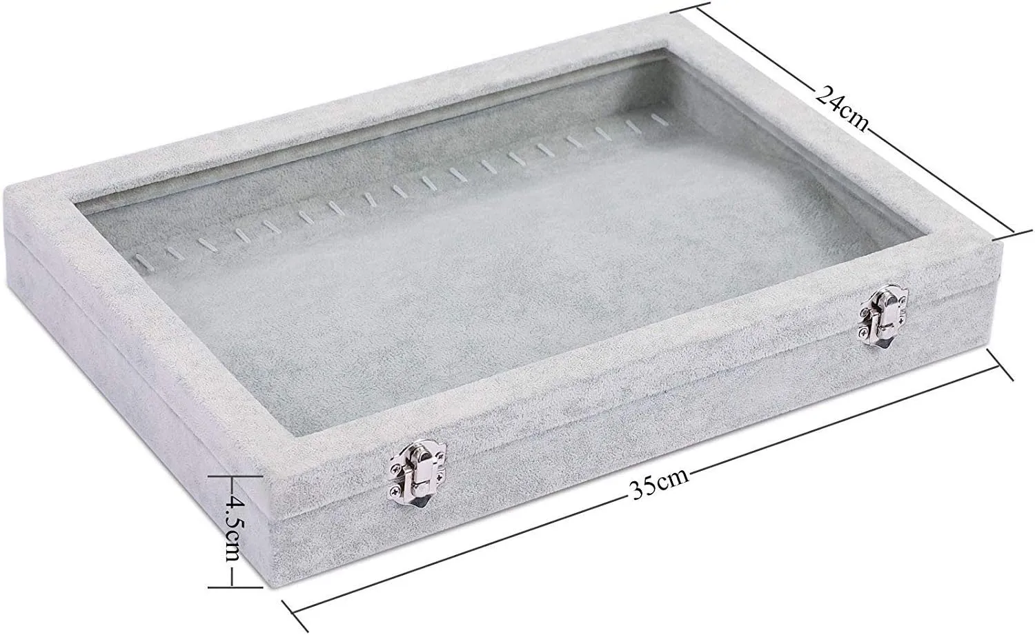 Jewelry Tray Organizer Box with Clear Lid Velvet Tray for Jewelry Storage Display Case 20 Hooks Insert Necklaces Pendants Dustproof Box Organizer (Grey)