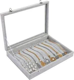 Jewelry Tray Organizer Box with Clear Lid Velvet Tray for Jewelry Storage Display Case 20 Hooks Insert Necklaces Pendants Dustproof Box Organizer (Grey)