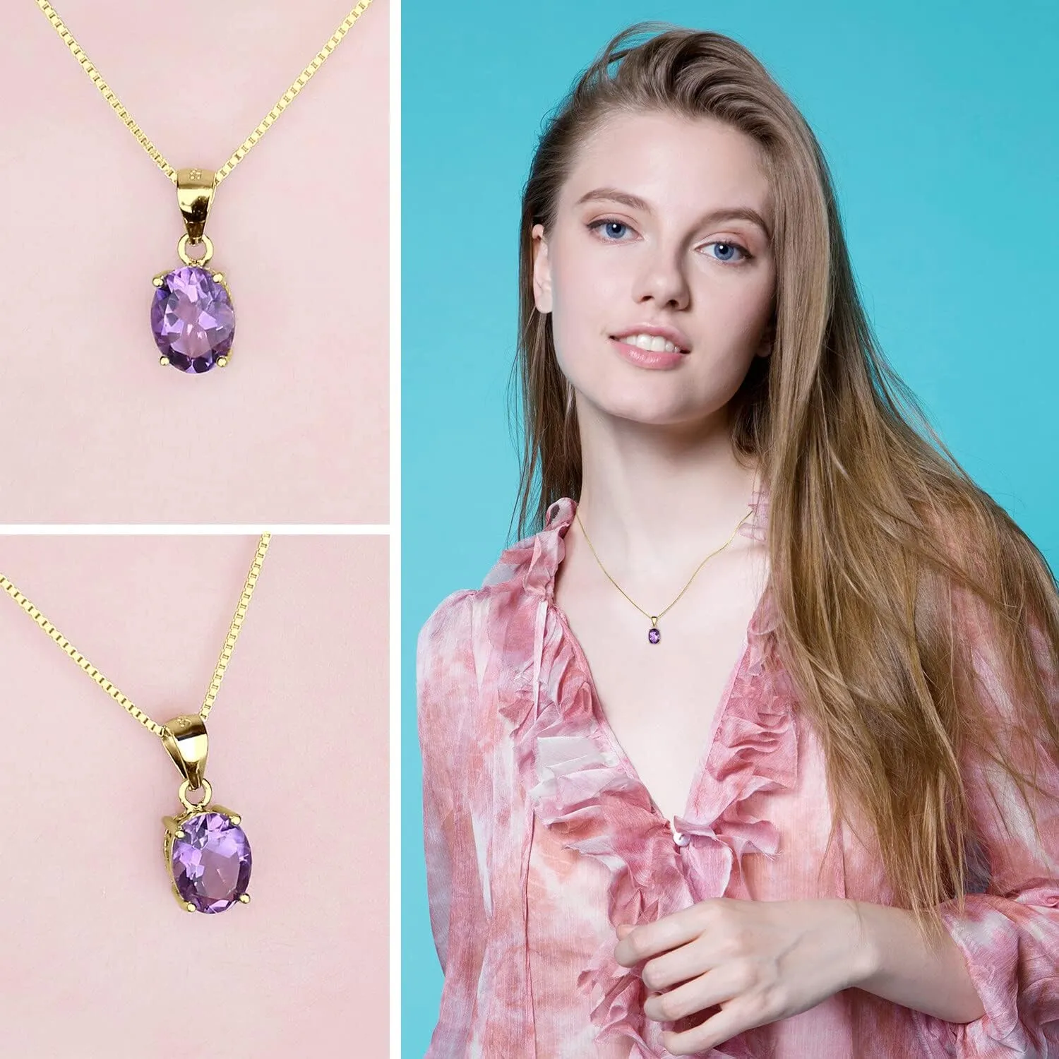 JewelryPalace Natural Gemstone Garnet Peridot Amethyst Citrine Blue Topaz Birthstone Solitaire Pendant Necklace Jewelry Set, 14k Gold Plated 925 Sterling Silver Necklaces for Women, 18 Inch Box chain