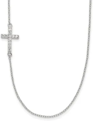 JewelryWeb 925 Sterling Silver Polished Spring-Ring With CZ Simulated Diamond Offset Sideways Religious Faith Cross With 2 In Ext Necklace 16 Inch 9.6mm Wide Pendant-Necklace for Women