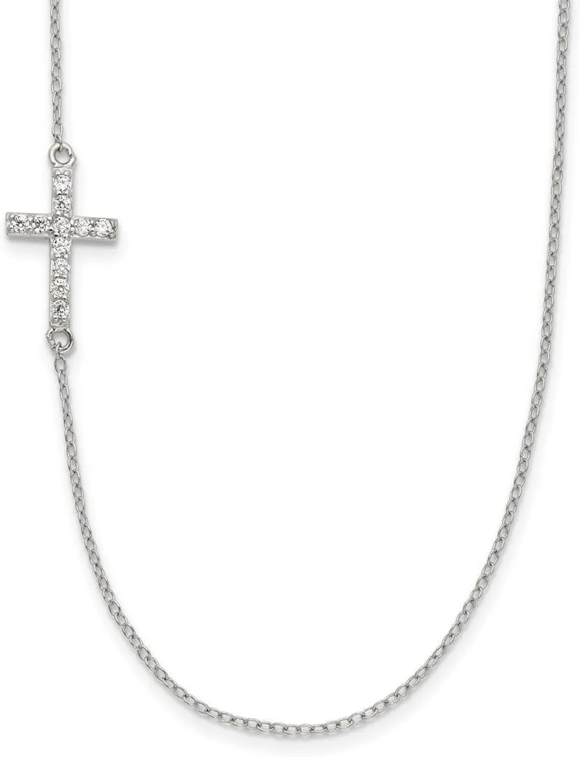 JewelryWeb 925 Sterling Silver Polished Spring-Ring With CZ Simulated Diamond Offset Sideways Religious Faith Cross With 2 In Ext Necklace 16 Inch 9.6mm Wide Pendant-Necklace for Women
