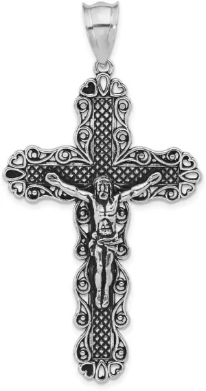 JewelryWeb 925 Sterling Silver Solid Artisan Oxidized and Textured Large Floral Religious Faith Cross With Jesus Pendant Necklace 67.6x35.45mm Wide-Pendant for Women