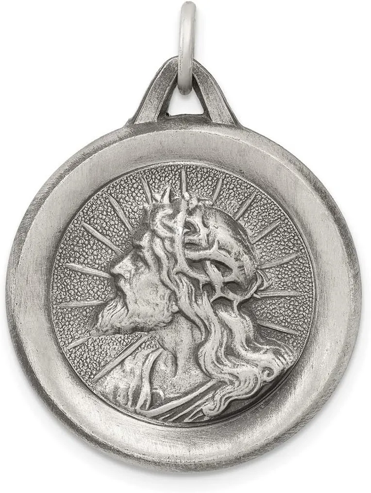 JewelryWeb 925 Sterling Silver Solid Satin Back Artisan Oxidized Religious Faith Inspiration Jesus Medal Pendant Necklace 31x24mm Wide-Pendant for Women