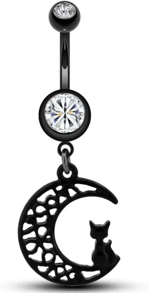 Jewseen 14g 316L Surgical Steel Belly Button Rings with Black Moon Cute Cat Dangle Navel Rings Piercing