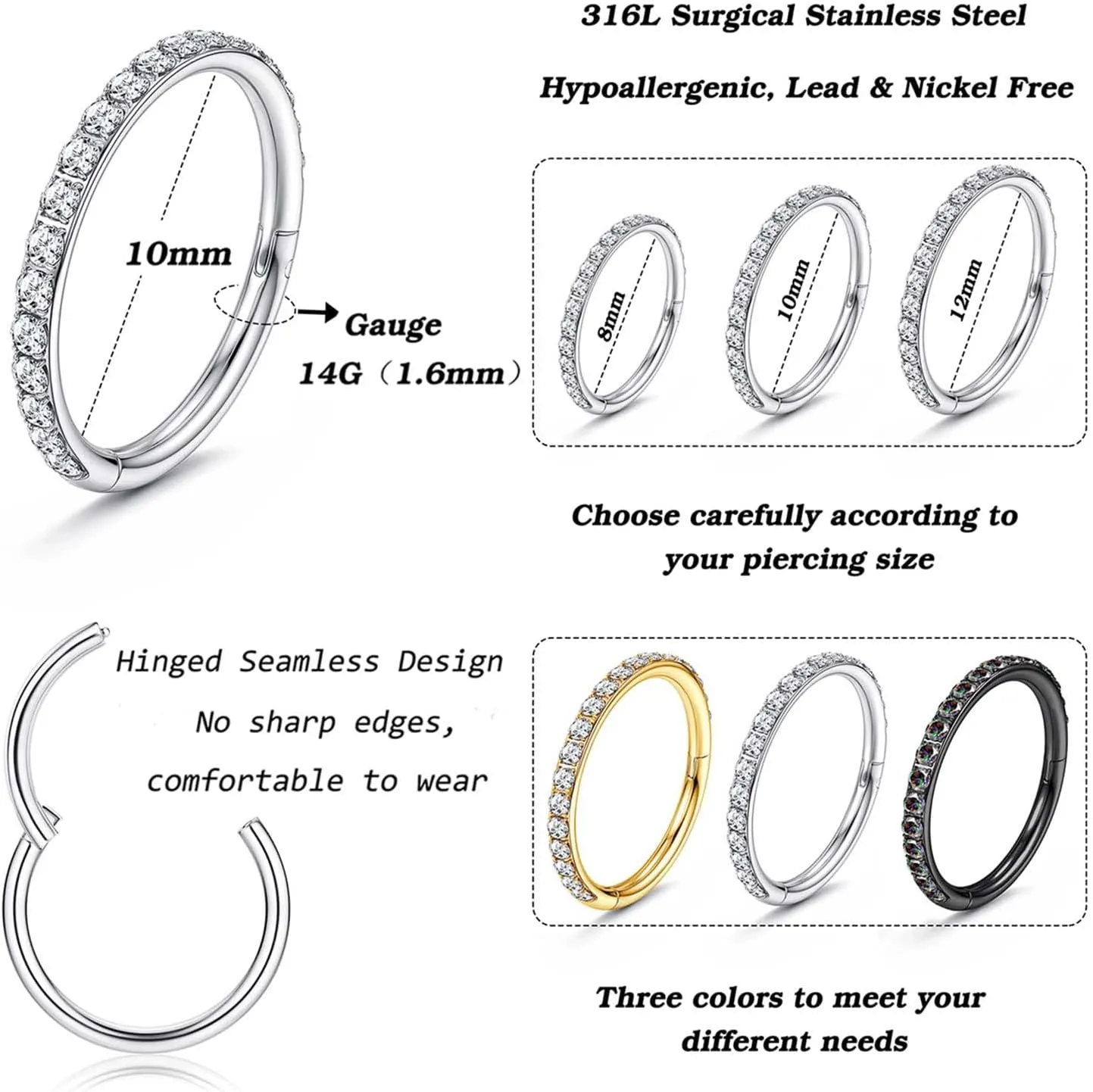 Jstyle 14G Belly Button Ring 316L Surgical Steel Belly Rings Hoop for Women Clear CZ Opal Clicker Hoop Belly Button Rings Gold Silver Small Navel Belly Body Piercing Jewelry 8mm 10mm 12mm