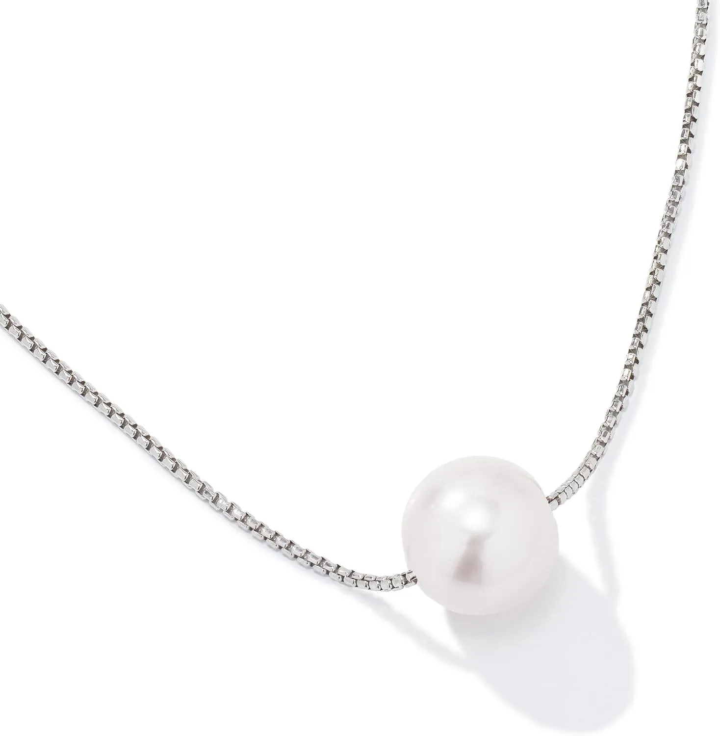 JTV Freshwater Pearl Pendant Necklace - Floating Pearl Necklace for Women - Rhodium Plated Sterling Silver Necklace - Real Pearl Necklace - Timeless Pearl Jewelry for Women - 10.5MM Pearl, White