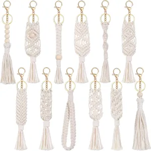 Junkin Macrame Boho Keychains Bulk Handcrafted Aesthetic Key Chain with Tassel for Women Car Key Purse Wallet Beige