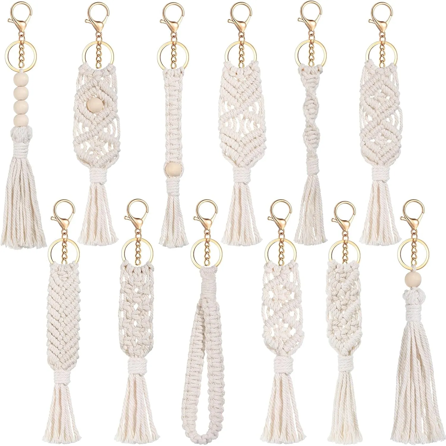Junkin Macrame Boho Keychains Bulk Handcrafted Aesthetic Key Chain with Tassel for Women Car Key Purse Wallet Beige