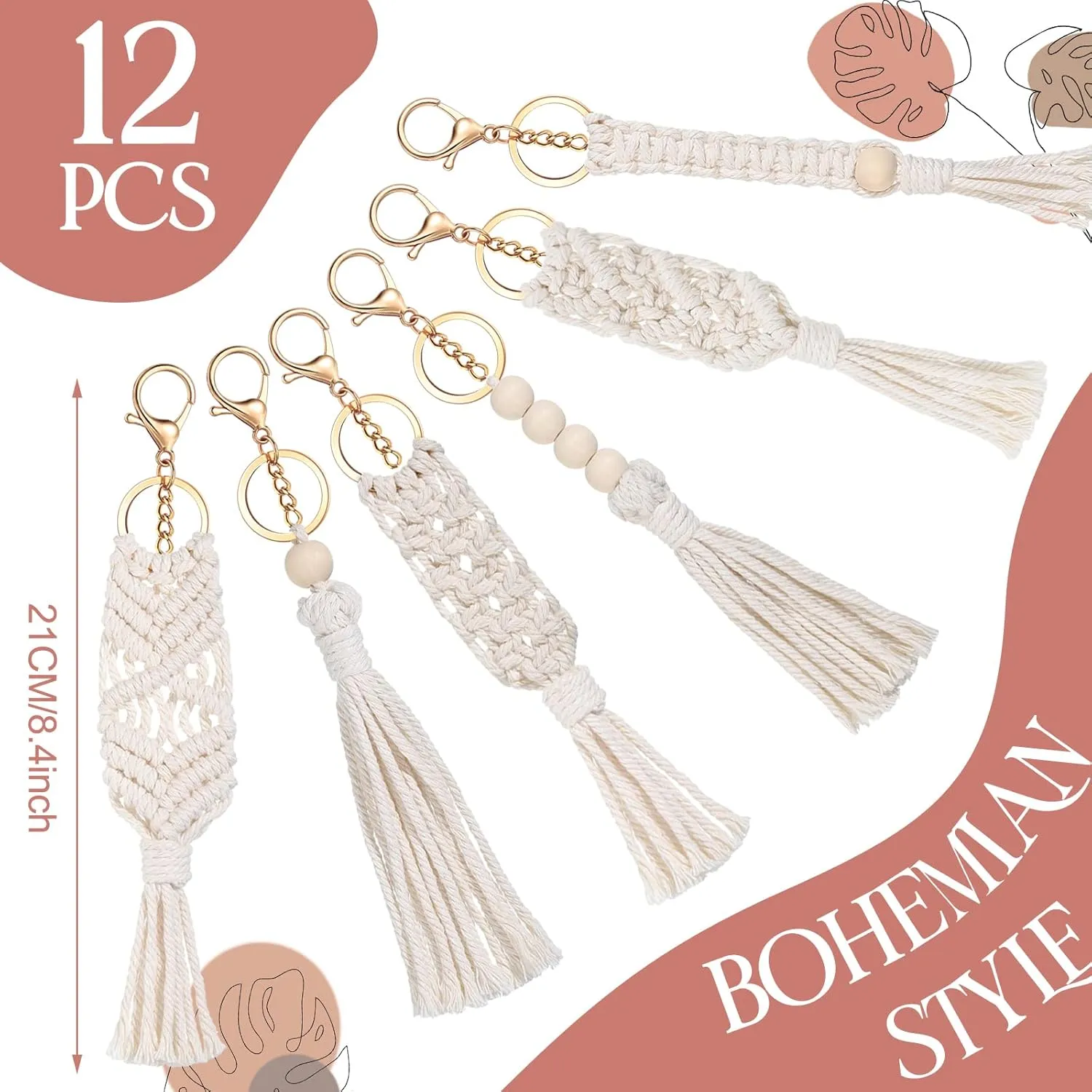 Junkin Macrame Boho Keychains Bulk Handcrafted Aesthetic Key Chain with Tassel for Women Car Key Purse Wallet Beige