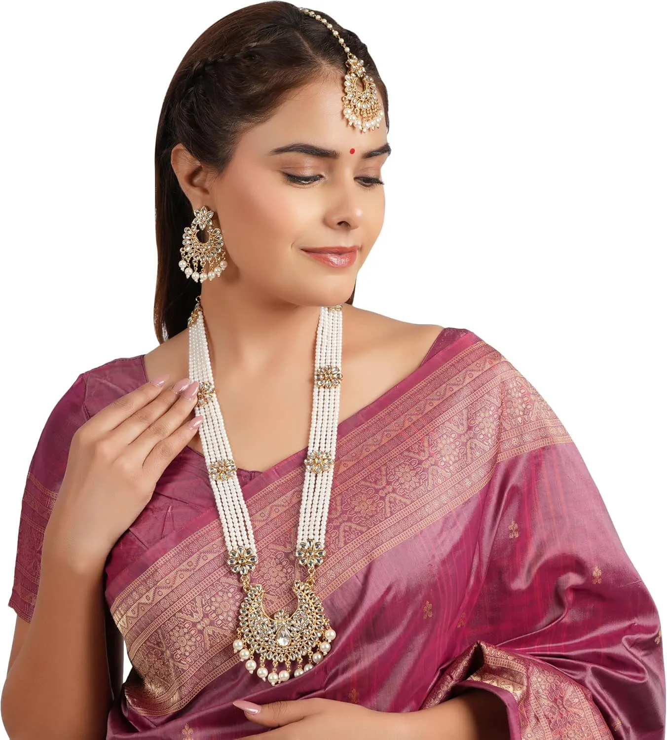 Jwellmart Indian Ethnic Traditional Gold Plated Faux Pearl CZ Stone Rani Haar Necklace Earrings Jewelry Set for Women