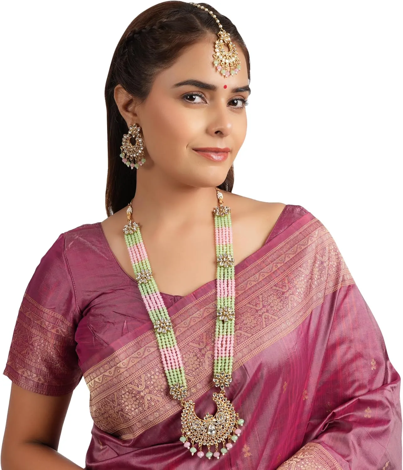 Jwellmart Indian Ethnic Traditional Gold Plated Faux Pearl CZ Stone Rani Haar Necklace Earrings Jewelry Set for Women