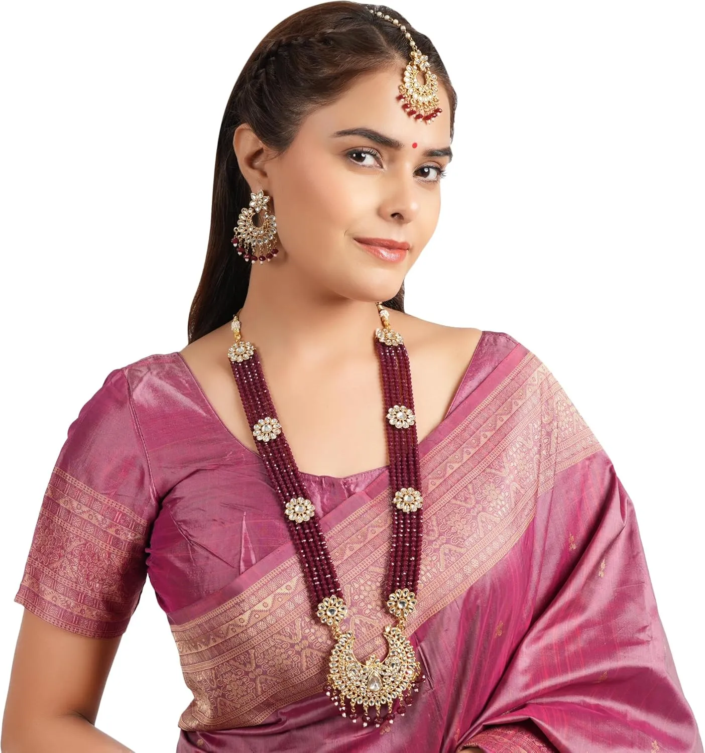 Jwellmart Indian Ethnic Traditional Gold Plated Faux Pearl CZ Stone Rani Haar Necklace Earrings Jewelry Set for Women