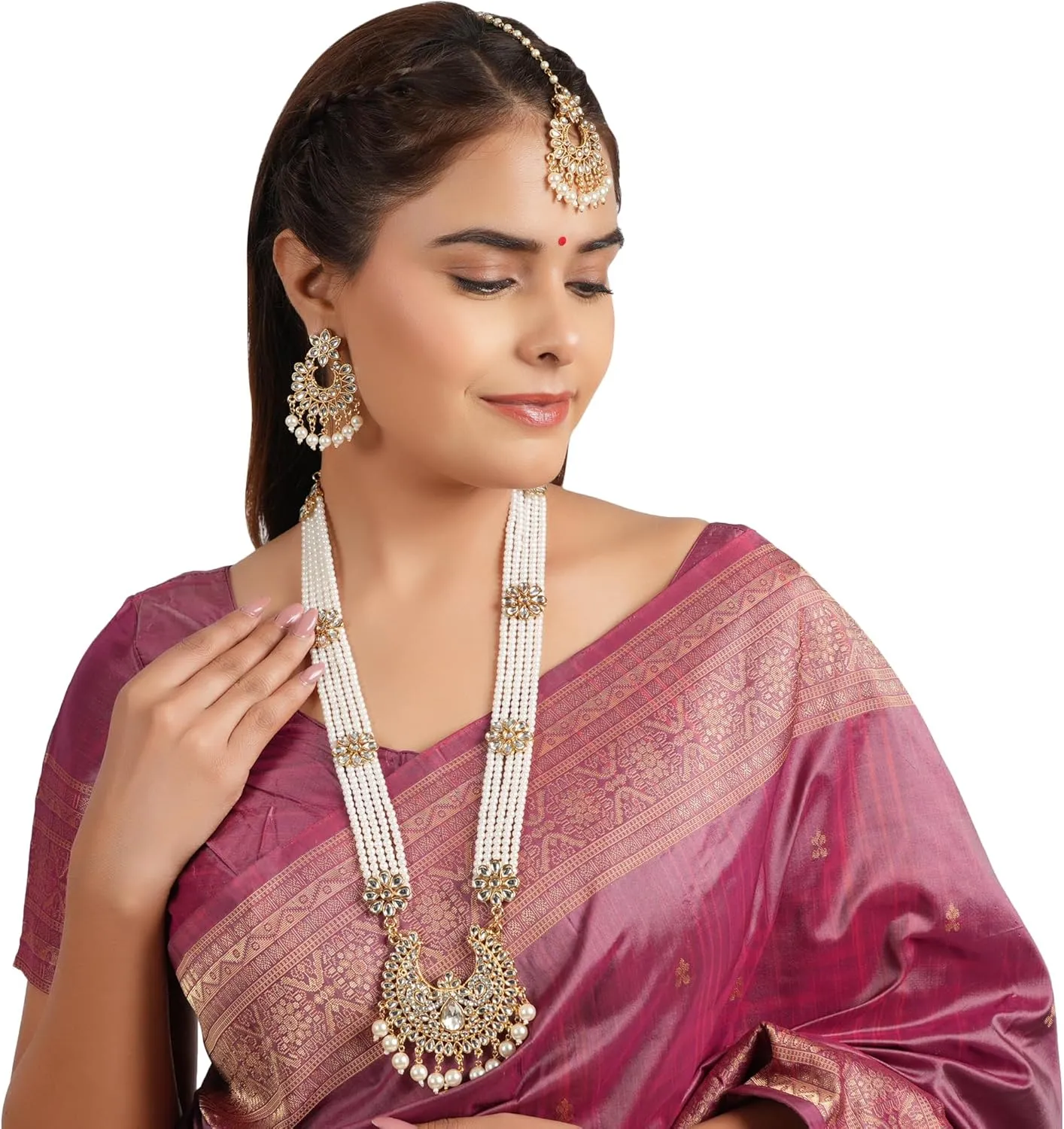 Jwellmart Indian Ethnic Traditional Gold Plated Faux Pearl CZ Stone Rani Haar Necklace Earrings Jewelry Set for Women