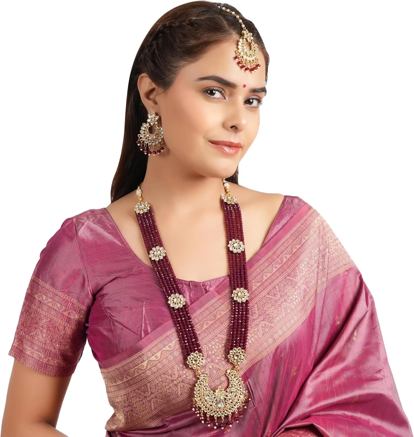 Jwellmart Indian Ethnic Traditional Gold Plated Faux Pearl CZ Stone Rani Haar Necklace Earrings Jewelry Set for Women