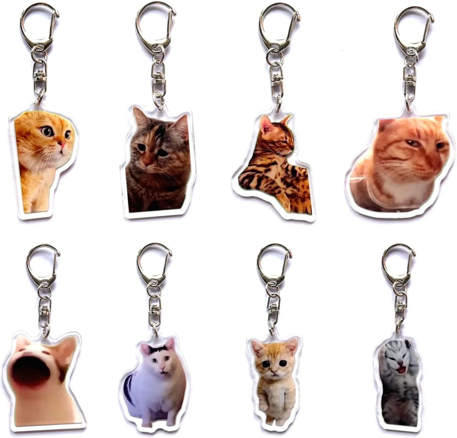 Kawaii Cat Acrylic Keychain Set - 8pcs Charming Anime Cartoon Cat Themed Charm Keychains, Round Shaped Funny Meme Keyrings, Decorative Car Key Chains, Ideal for Key Decoration