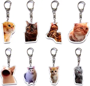Kawaii Cat Acrylic Keychain Set - 8pcs Charming Anime Cartoon Cat Themed Charm Keychains, Round Shaped Funny Meme Keyrings, Decorative Car Key Chains, Ideal for Key Decoration