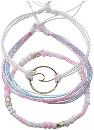kelistom Handmade Braided Wax Rope Adjustable Strand Wrap Bracelet Set Waterproof Wave Shell Charm Stretch Knot String Thread Bracelets Friendship Jewelry
