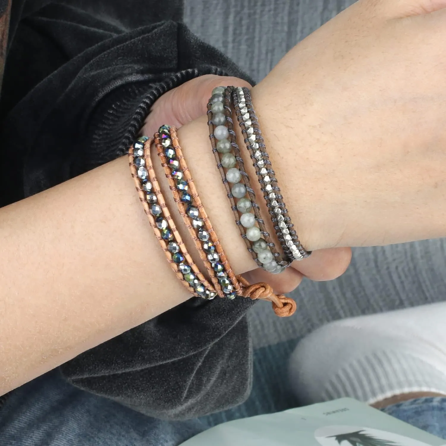 KELITCH Leather Wrap Bracelet Created-Labradorite Mixed Beaded Bracelet Friendship Bracelets New Bangles