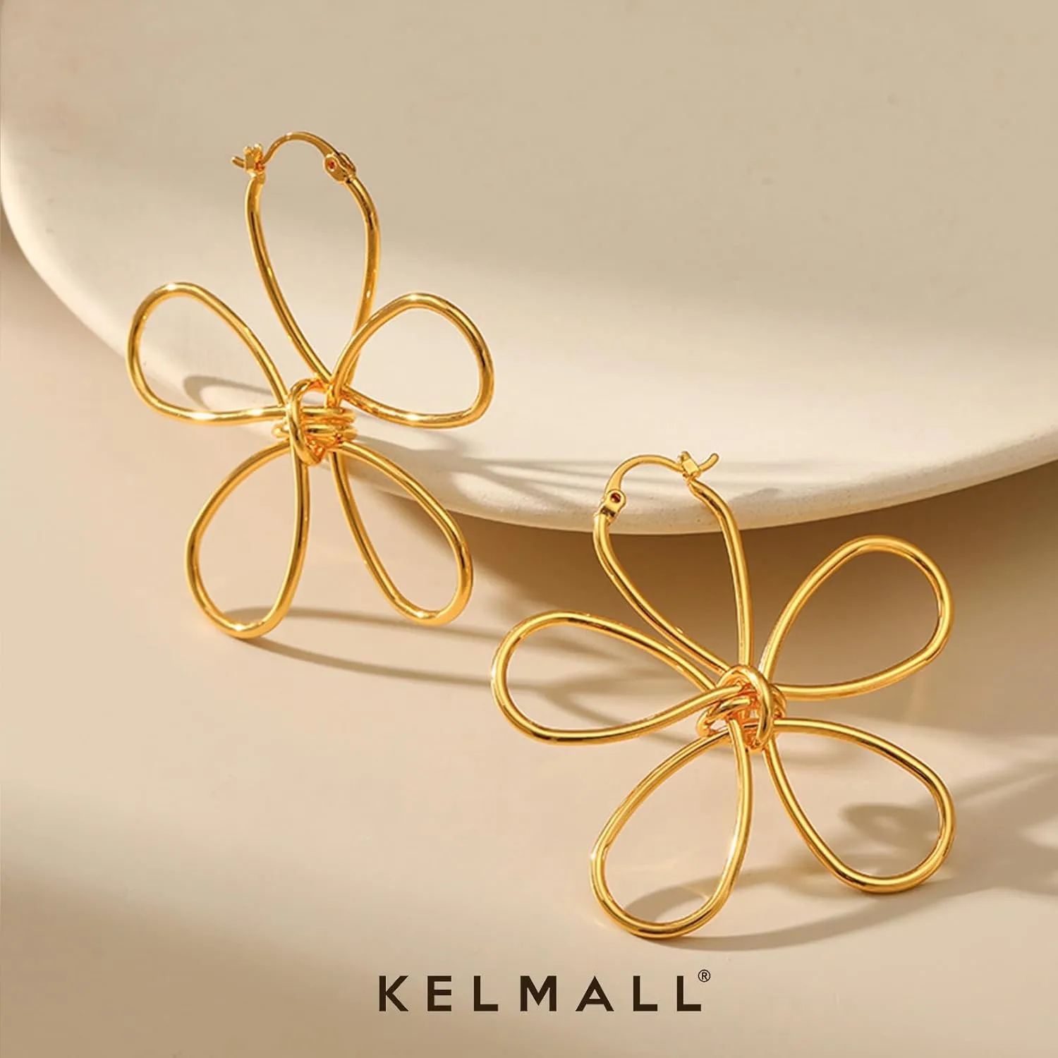 KELMALL 14K Gold Plated Large Flower Statement Earrings for Women  Big Floral Leaf Wing Design, Hypoallergenic Dangle Drop Piercing Earrings