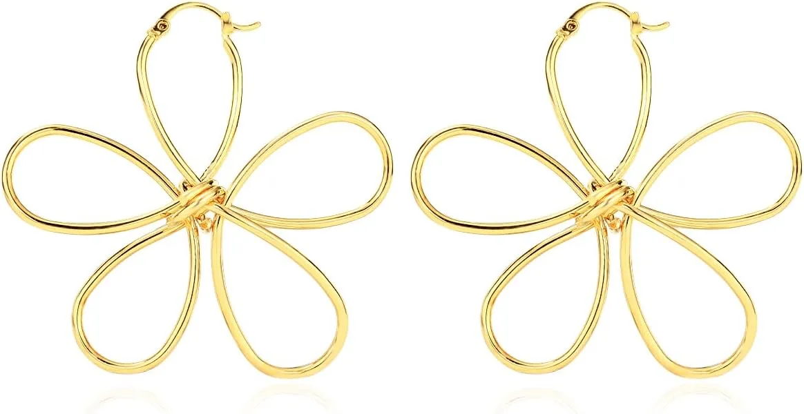 KELMALL 14K Gold Plated Large Flower Statement Earrings for Women  Big Floral Leaf Wing Design, Hypoallergenic Dangle Drop Piercing Earrings