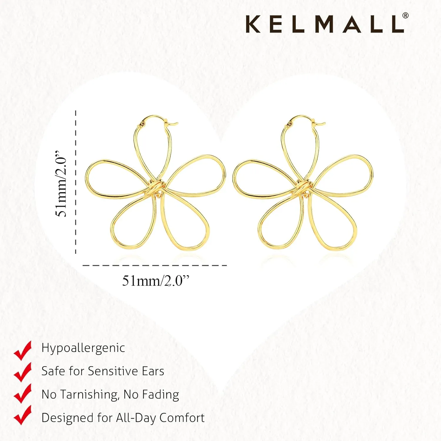 KELMALL 14K Gold Plated Large Flower Statement Earrings for Women  Big Floral Leaf Wing Design, Hypoallergenic Dangle Drop Piercing Earrings