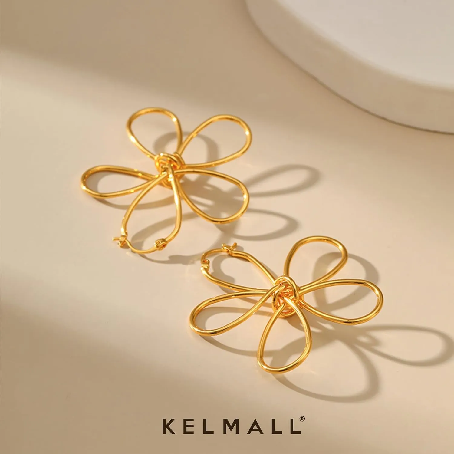 KELMALL 14K Gold Plated Large Flower Statement Earrings for Women  Big Floral Leaf Wing Design, Hypoallergenic Dangle Drop Piercing Earrings