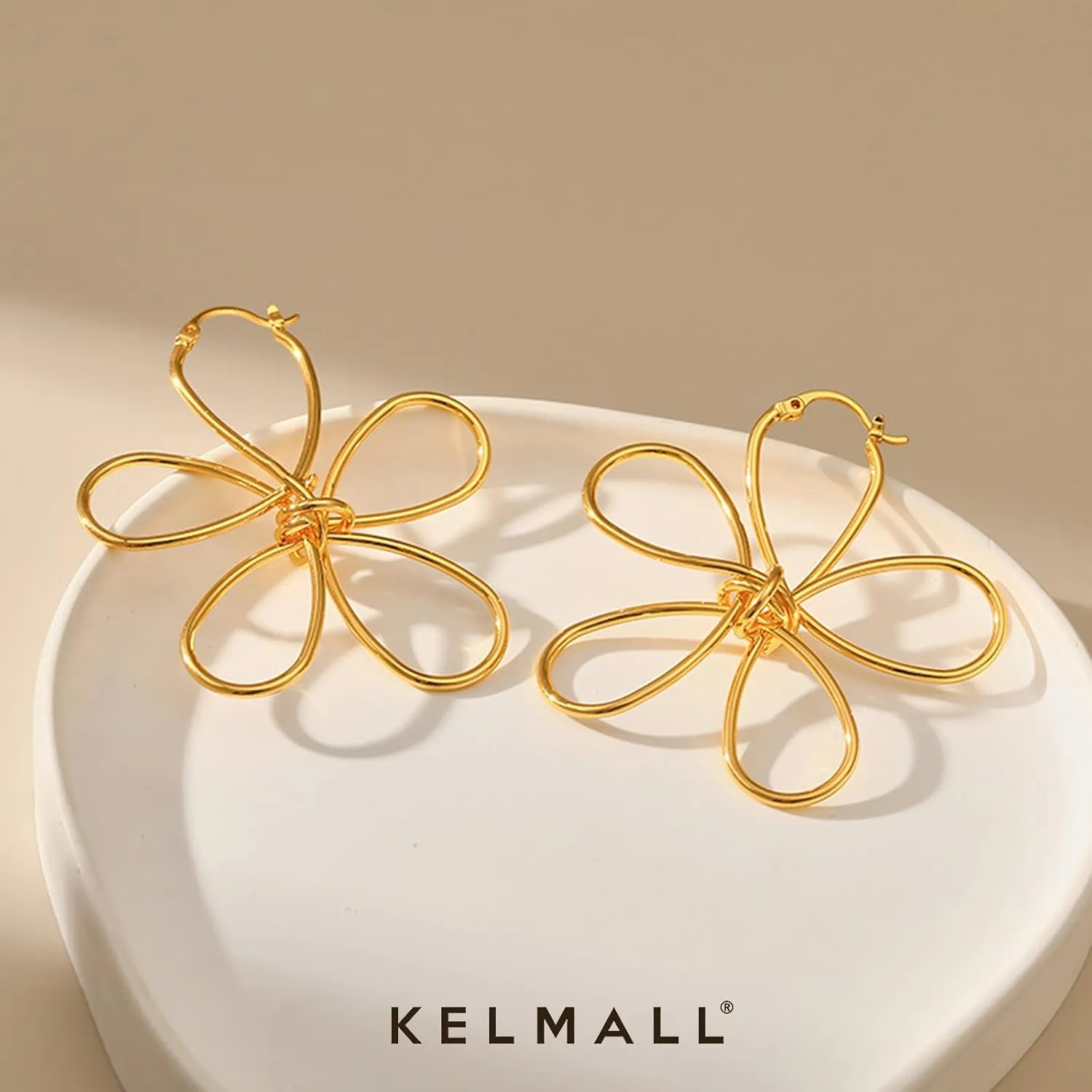 KELMALL 14K Gold Plated Large Flower Statement Earrings for Women  Big Floral Leaf Wing Design, Hypoallergenic Dangle Drop Piercing Earrings