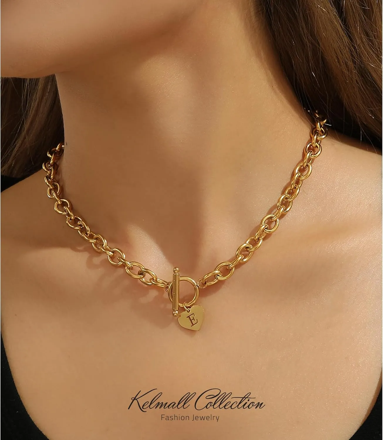 KELMALL Chunky Cable Chain Choker with Personalized Initials Name Letter Charm - Bold and Stylish Statement Necklace