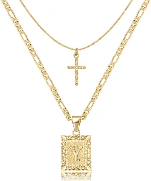 KELORIS PATH Gold Layered Initial Cross Necklace, 14K Gold Plated Layering Square Letter Pendant Figaro Chain Cross Choker from A-Z Capital Jewelry for Women Girls