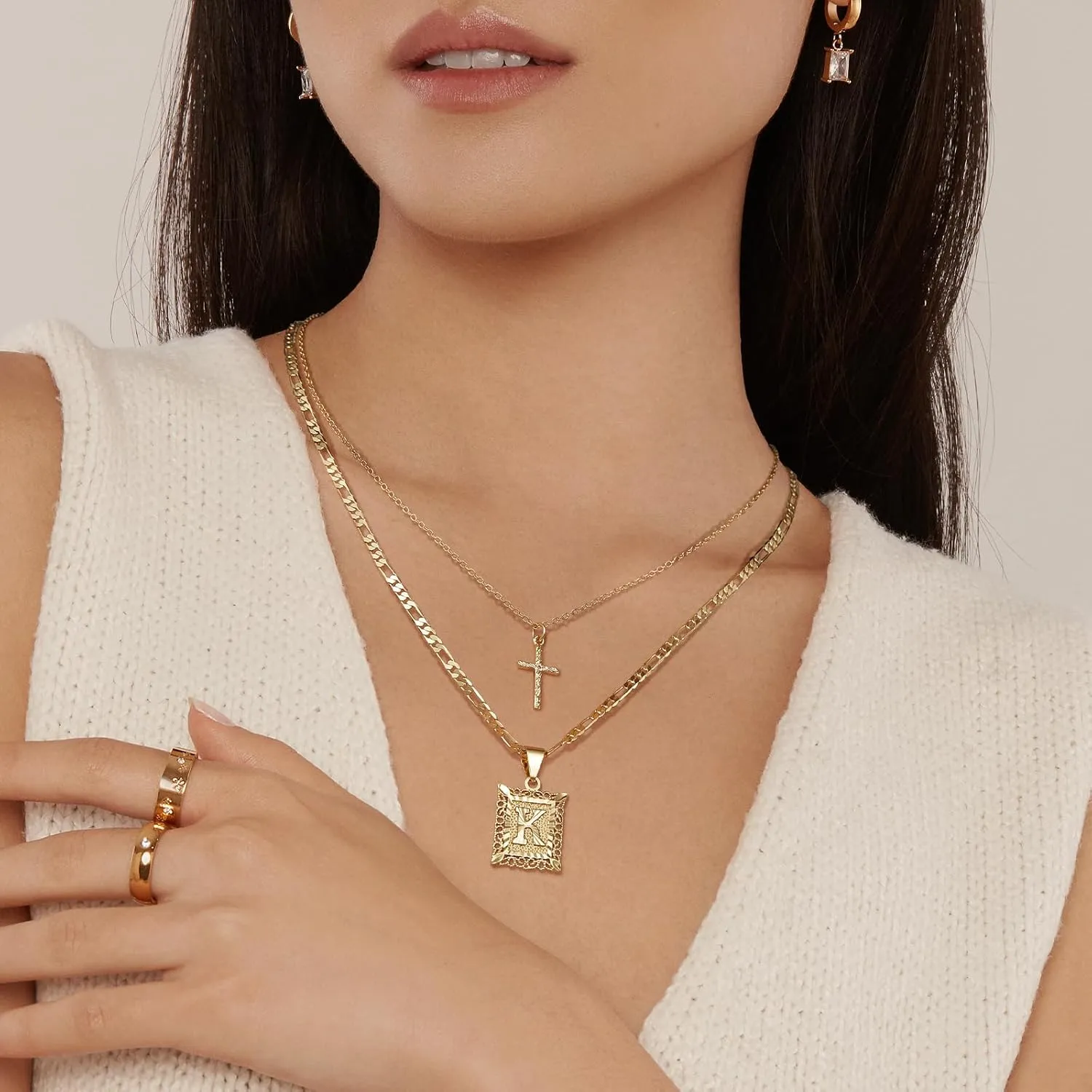 KELORIS PATH Gold Layered Initial Cross Necklace, 14K Gold Plated Layering Square Letter Pendant Figaro Chain Cross Choker from A-Z Capital Jewelry for Women Girls