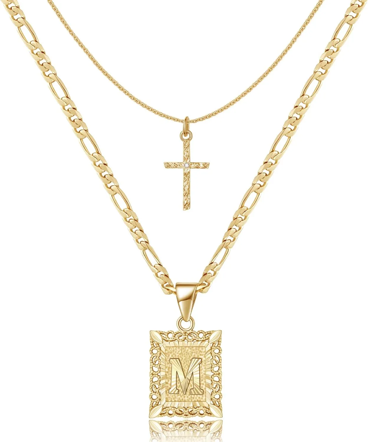 KELORIS PATH Gold Layered Initial Cross Necklace, 14K Gold Plated Layering Square Letter Pendant Figaro Chain Cross Choker from A-Z Capital Jewelry for Women Girls