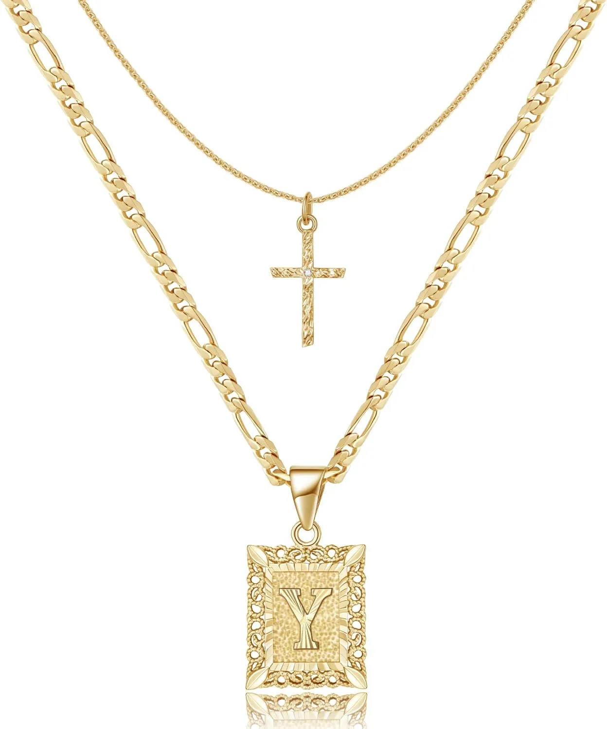KELORIS PATH Gold Layered Initial Cross Necklace, 14K Gold Plated Layering Square Letter Pendant Figaro Chain Cross Choker from A-Z Capital Jewelry for Women Girls