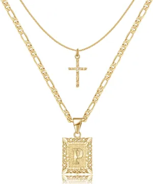 KELORIS PATH Gold Layered Initial Cross Necklace, 14K Gold Plated Layering Square Letter Pendant Figaro Chain Cross Choker from A-Z Capital Jewelry for Women Girls