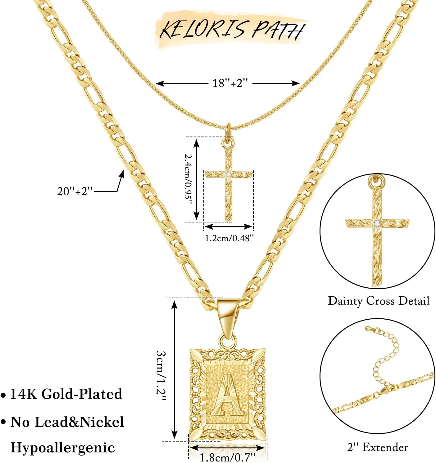 KELORIS PATH Gold Layered Initial Cross Necklace, 14K Gold Plated Layering Square Letter Pendant Figaro Chain Cross Choker from A-Z Capital Jewelry for Women Girls