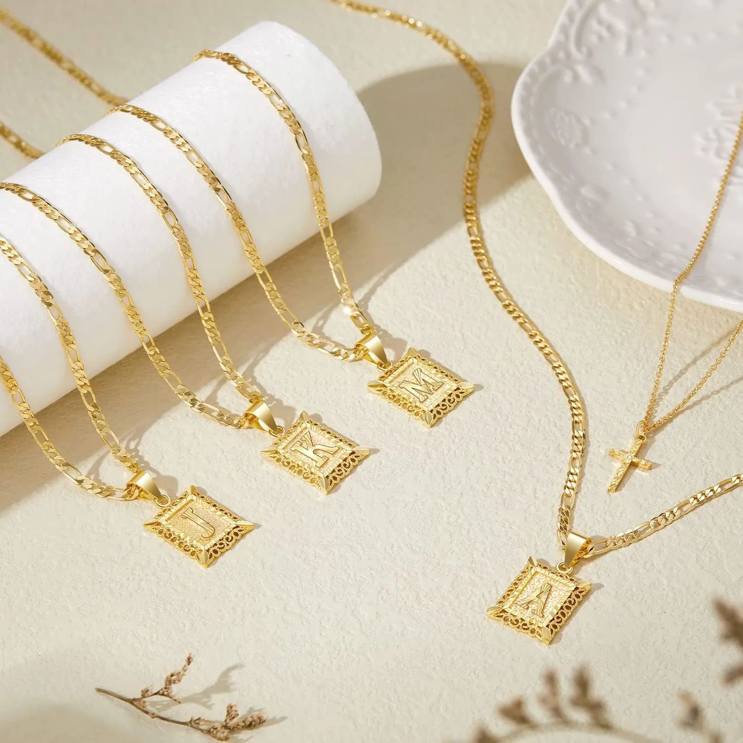 KELORIS PATH Gold Layered Initial Cross Necklace, 14K Gold Plated Layering Square Letter Pendant Figaro Chain Cross Choker from A-Z Capital Jewelry for Women Girls