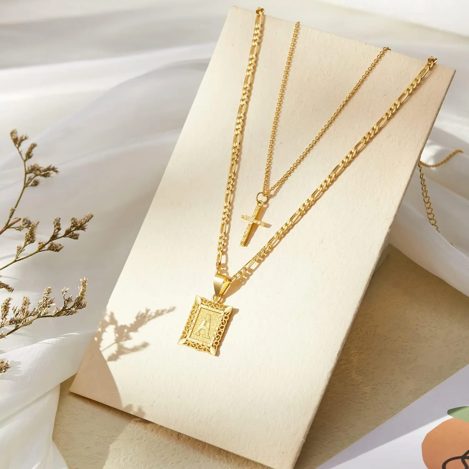 KELORIS PATH Gold Layered Initial Cross Necklace, 14K Gold Plated Layering Square Letter Pendant Figaro Chain Cross Choker from A-Z Capital Jewelry for Women Girls