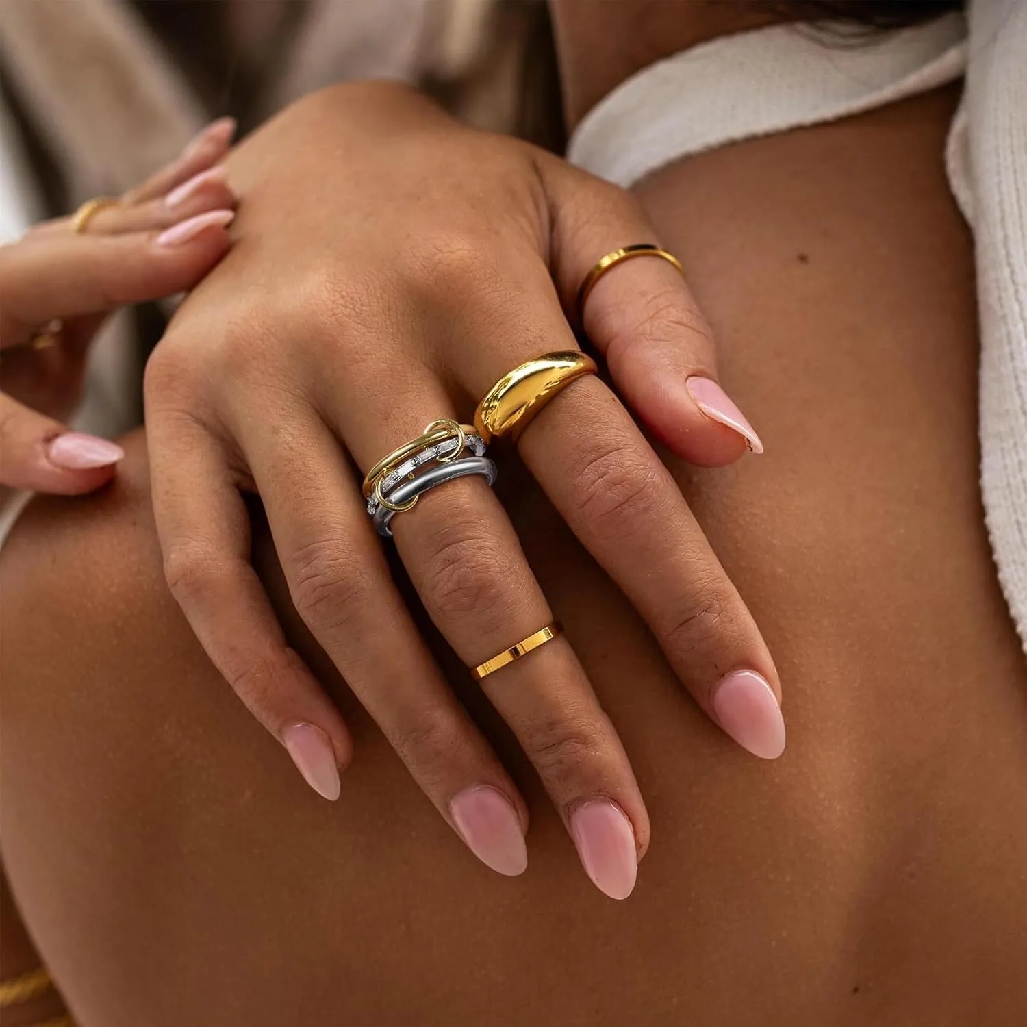 KissYan Stackable Rings for Women, 14k Gold Plate Interlocked Multi Ring Set Dainty Pave CZ Personalized Fashion Two-Toned Mixed Metals Stacking Jewelry Trendy Statement Gift