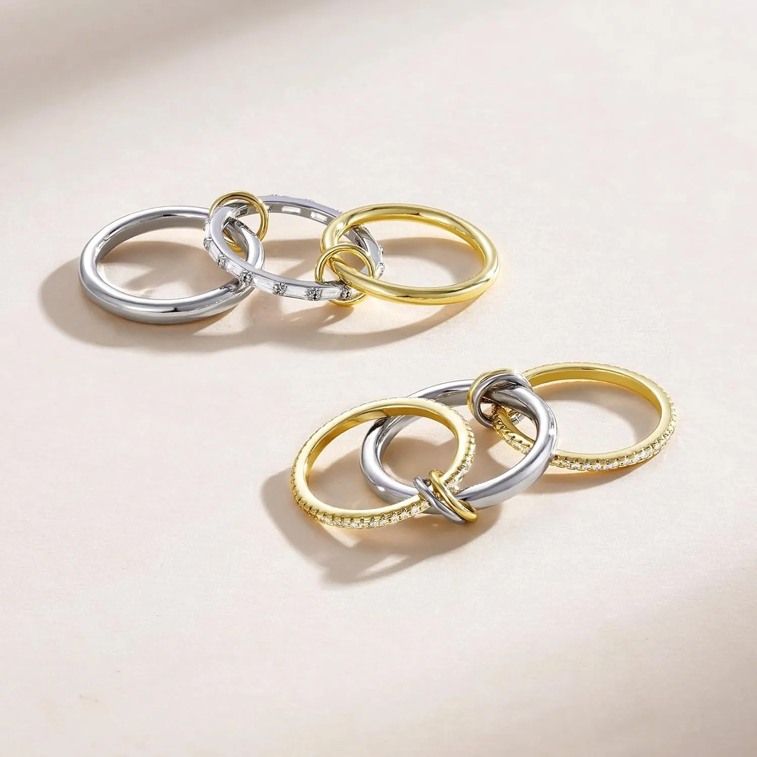 KissYan Stackable Rings for Women, 14k Gold Plate Interlocked Multi Ring Set Dainty Pave CZ Personalized Fashion Two-Toned Mixed Metals Stacking Jewelry Trendy Statement Gift