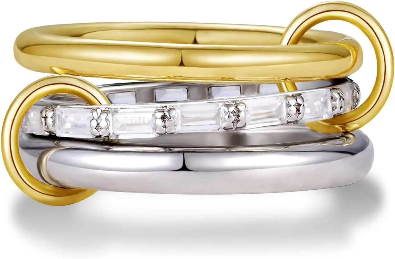 KissYan Stackable Rings for Women, 14k Gold Plate Interlocked Multi Ring Set Dainty Pave CZ Personalized Fashion Two-Toned Mixed Metals Stacking Jewelry Trendy Statement Gift