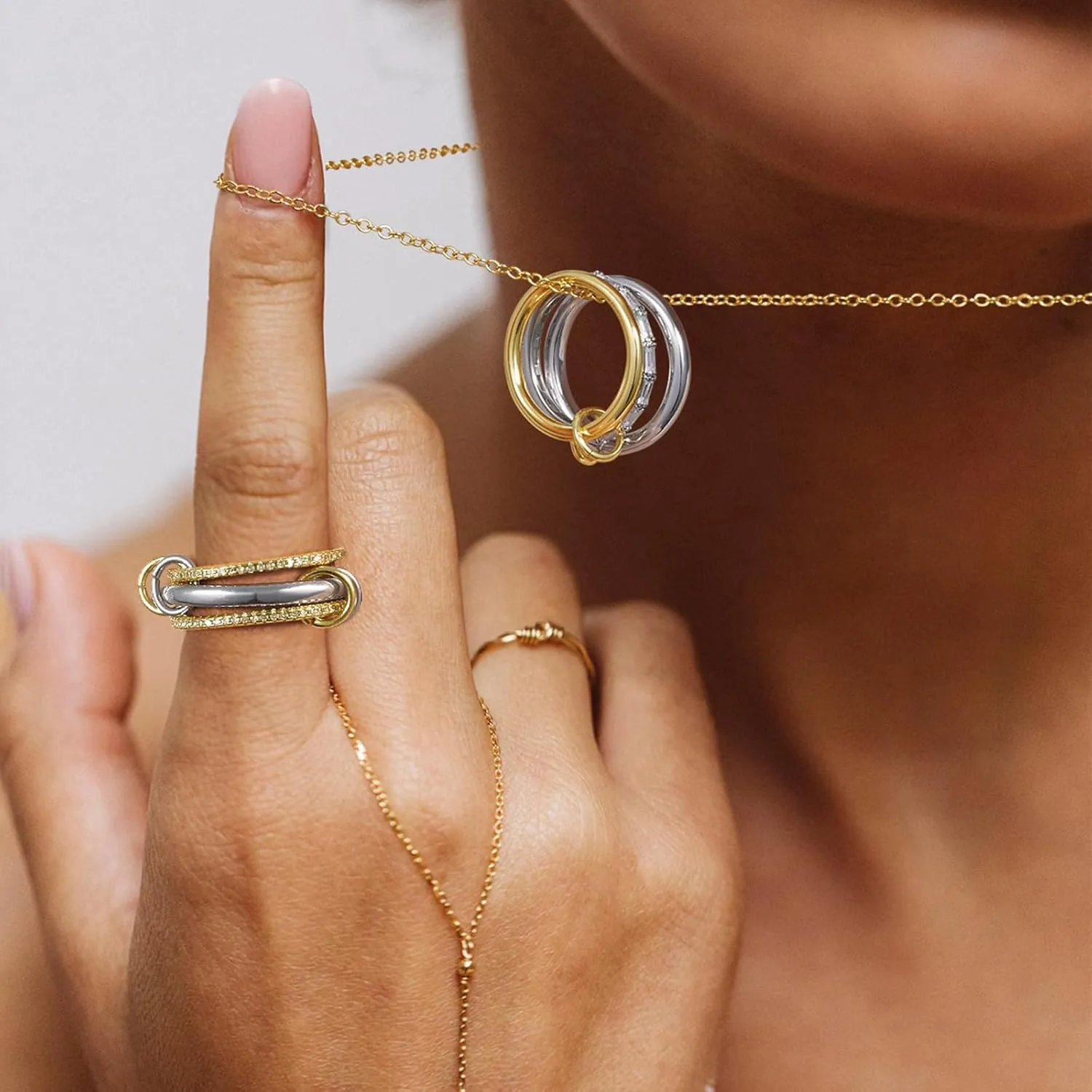 KissYan Stackable Rings for Women, 14k Gold Plate Interlocked Multi Ring Set Dainty Pave CZ Personalized Fashion Two-Toned Mixed Metals Stacking Jewelry Trendy Statement Gift