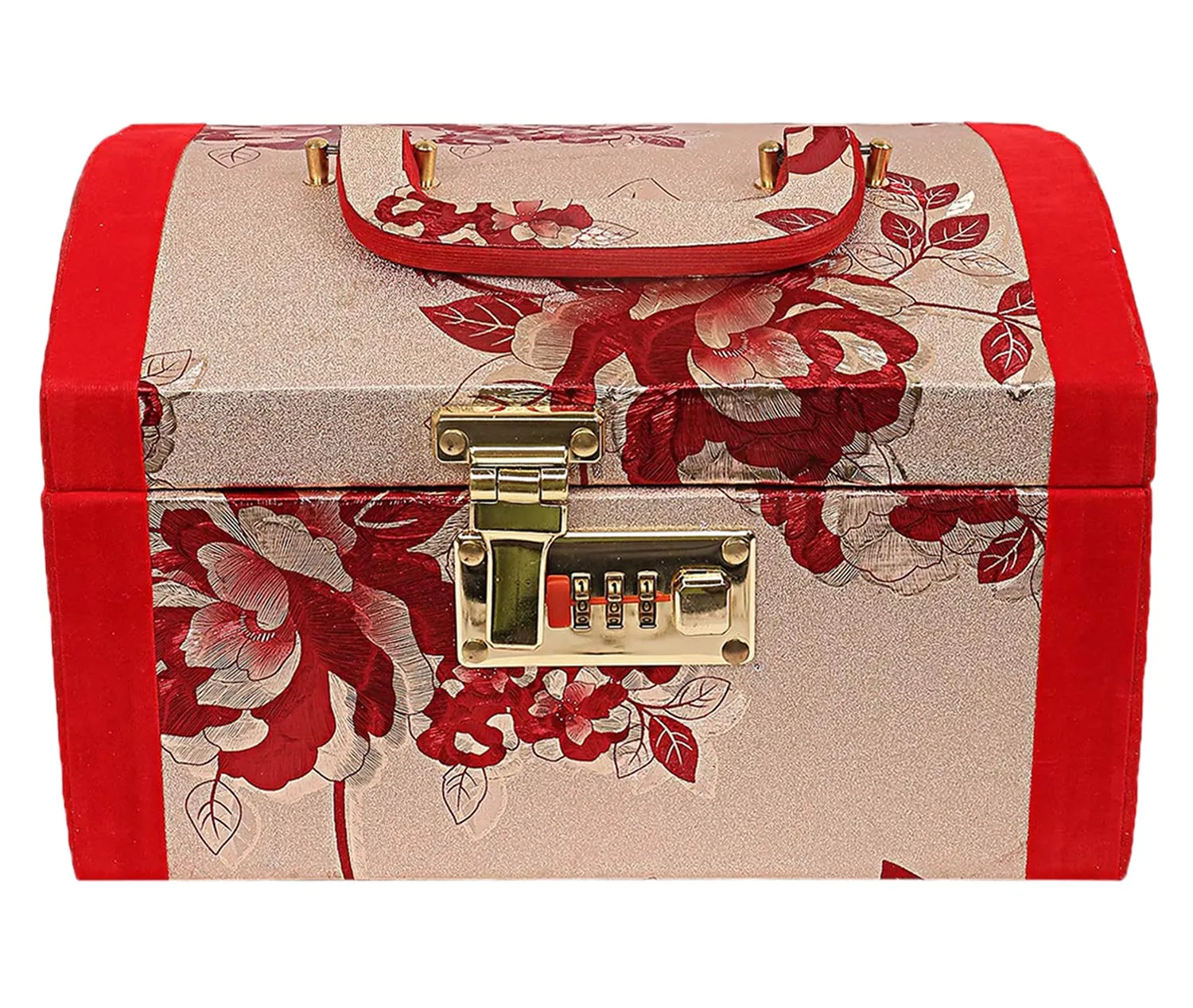 Kuber Industries Flower Printed Wooden Jewellery Box/Organizer For Storing Makeup, Jewellery, Bangles, Cosmetics & Toiletries Items With 1 Bangle Rod, Mirror & Number Lock System (Red)-47KM0533