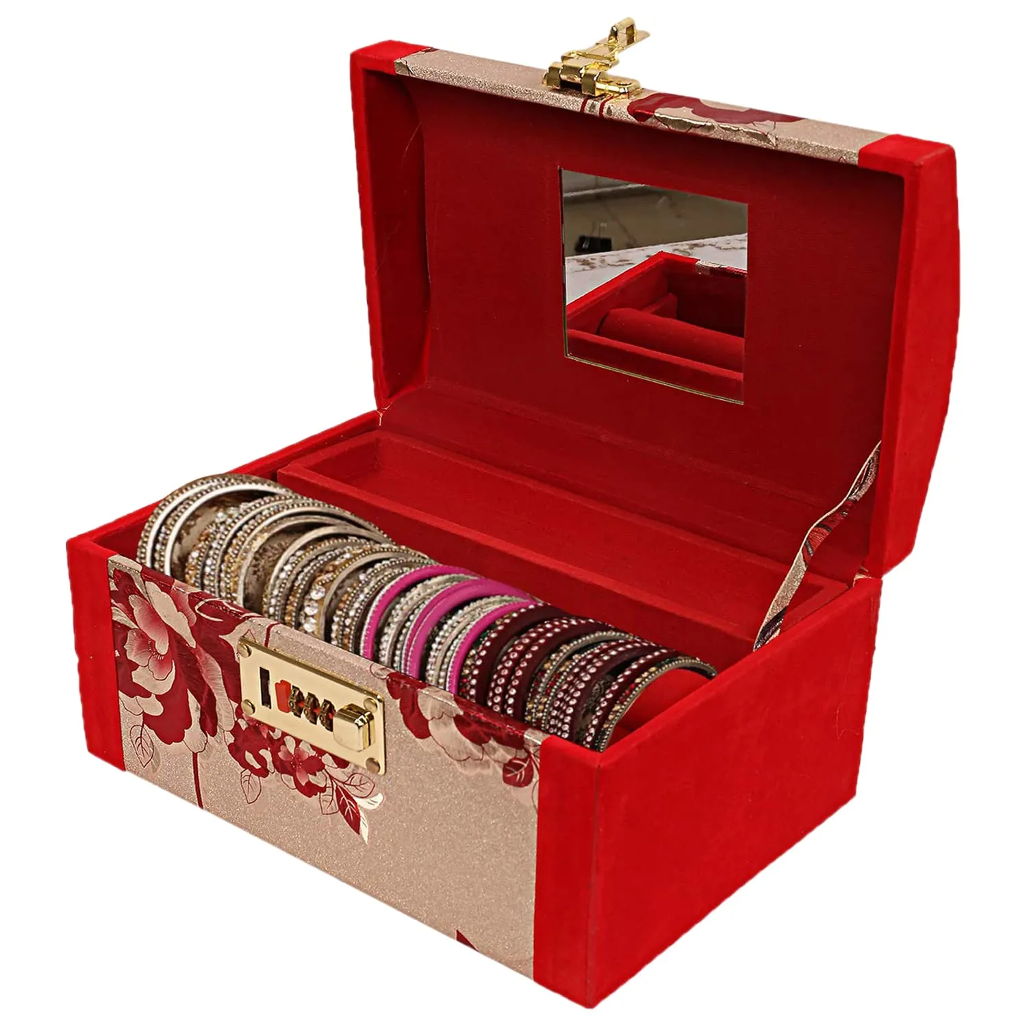 Kuber Industries Flower Printed Wooden Jewellery Box/Organizer For Storing Makeup, Jewellery, Bangles, Cosmetics & Toiletries Items With 1 Bangle Rod, Mirror & Number Lock System (Red)-47KM0533