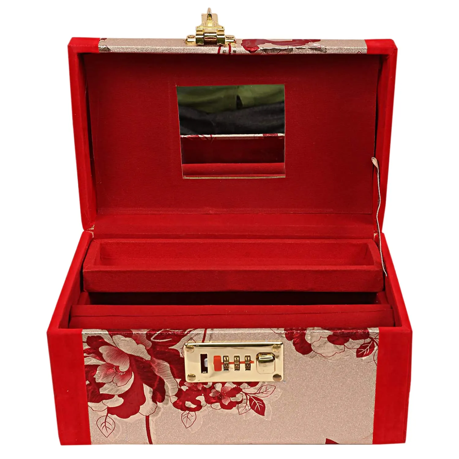Kuber Industries Flower Printed Wooden Jewellery Box/Organizer For Storing Makeup, Jewellery, Bangles, Cosmetics & Toiletries Items With 1 Bangle Rod, Mirror & Number Lock System (Red)-47KM0533