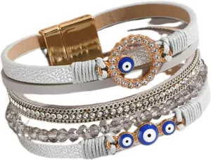 KunBead Sparkly Evil Eye Leather Wrap Bracelets for Women Handmade Braided Boho Multilayer Bracelet Wristband Cuff Bangle Boho Bohemian