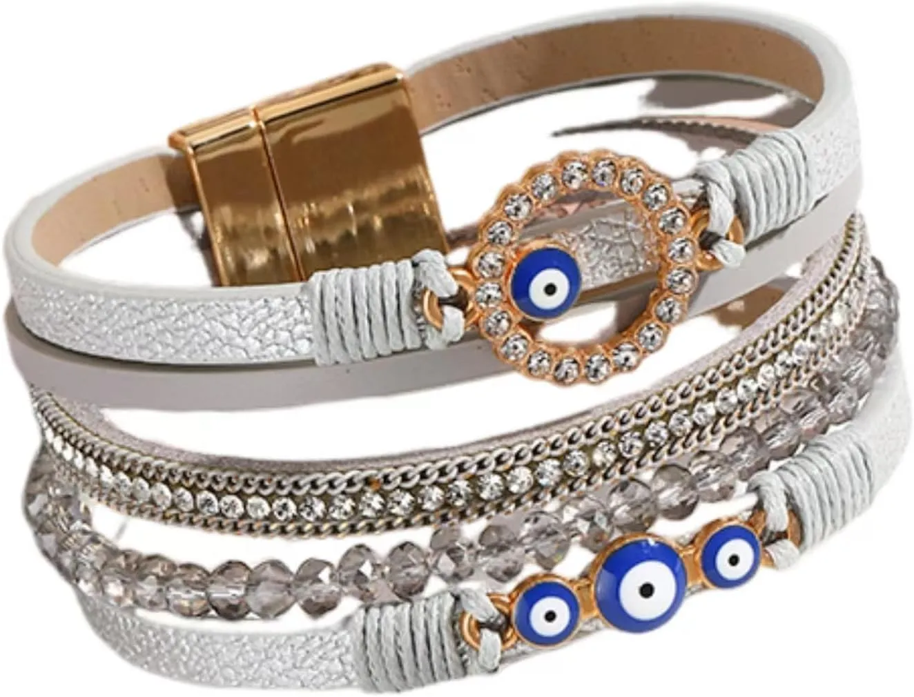 KunBead Sparkly Evil Eye Leather Wrap Bracelets for Women Handmade Braided Boho Multilayer Bracelet Wristband Cuff Bangle Boho Bohemian