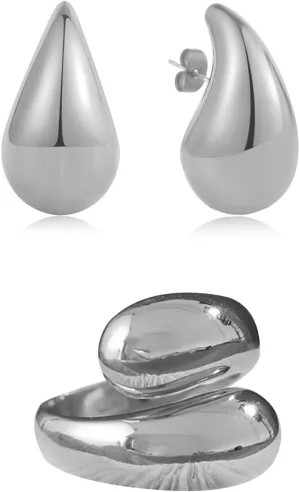 KURTCB Chunky Open Ring 14k Gold Plated Minimalist Adjustable Dome Teardrop Wide Bold Statement Ring for Women