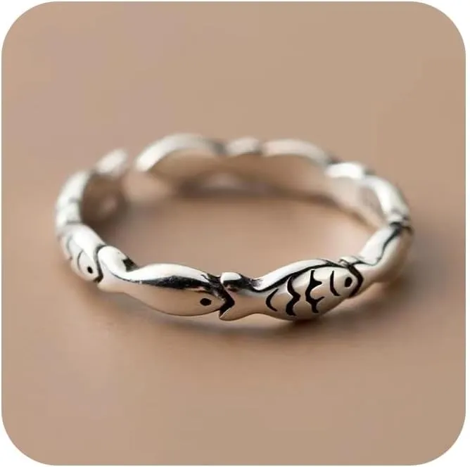 KUYIUIF 925 Sterling Silver Cute Opening Adjustable Fish Ring Sea Animal Retro Siimple Design Charming Temperament Faux Grinding Hypoallergenic Jewelry Exquisite Tiny Pattern Ring Gift